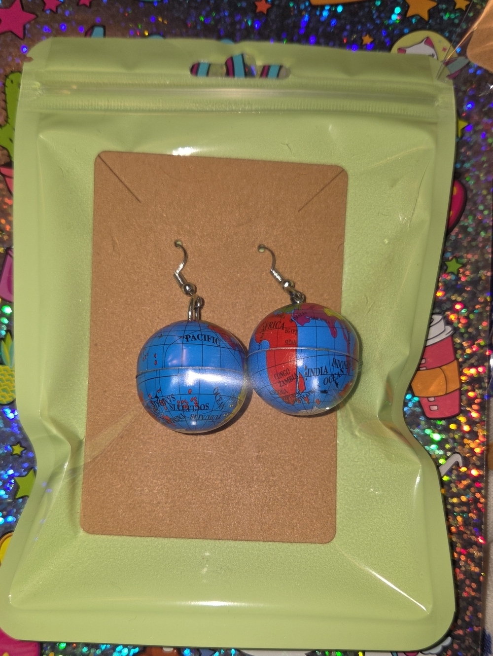 Globe Ball Drop Earrings - Blue & Red World Map